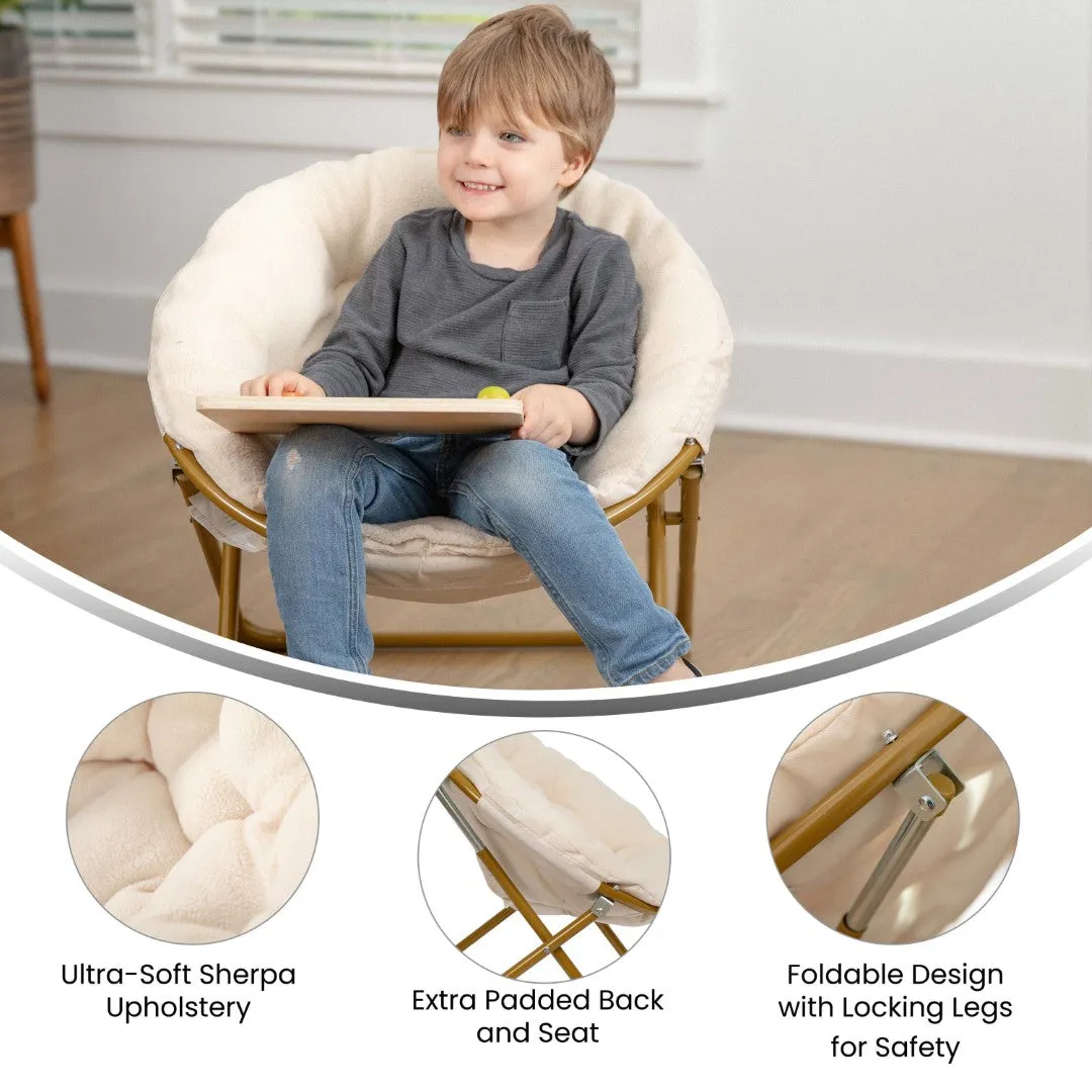 23" Kids Cozy Mini Folding Saucer Chair, Sherpa Moon Chair for Toddlers and Bedroom, Ivory/Soft Gold
