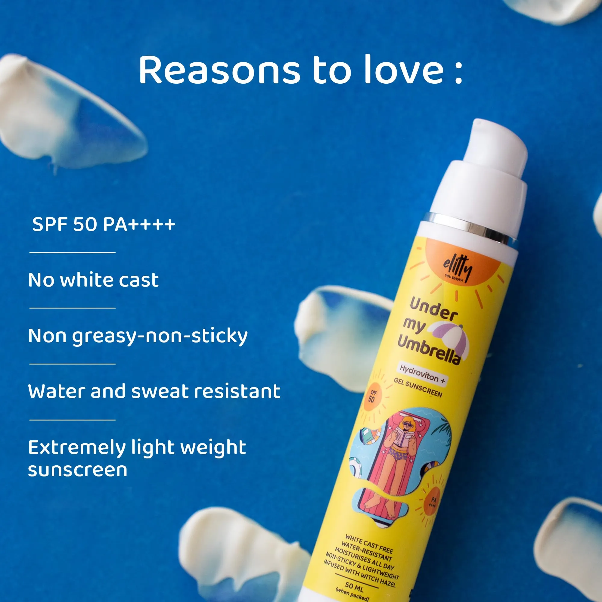 Elitty Under My Umbrella Gel Sunscreen for Women with SPF 50, P     | No White Cast, Non Sticky Suncreen 30 gm, Transparent & Lightweight, Water & Sweat Resistant