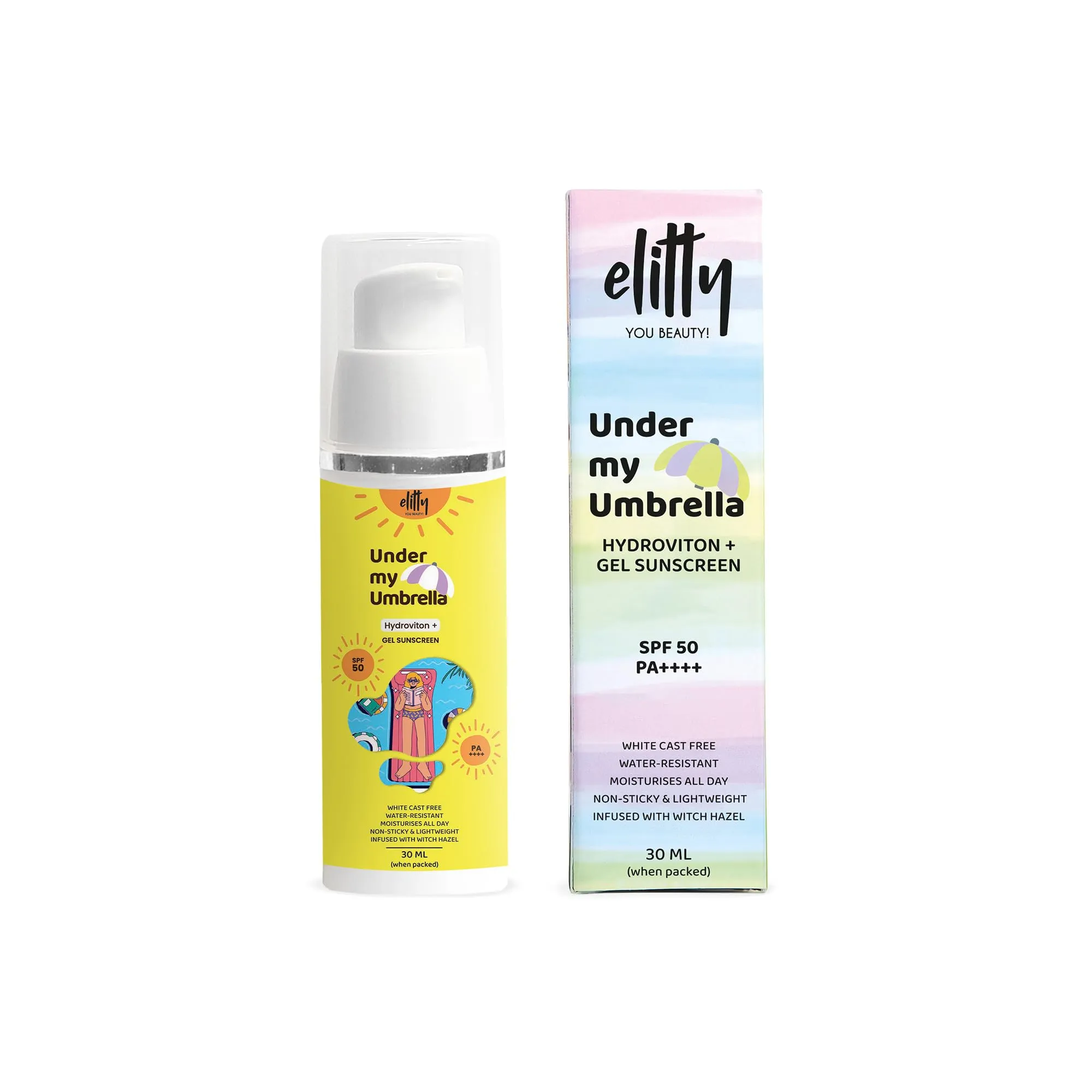 Elitty Under My Umbrella Gel Sunscreen for Women with SPF 50, P     | No White Cast, Non Sticky Suncreen 30 gm, Transparent & Lightweight, Water & Sweat Resistant