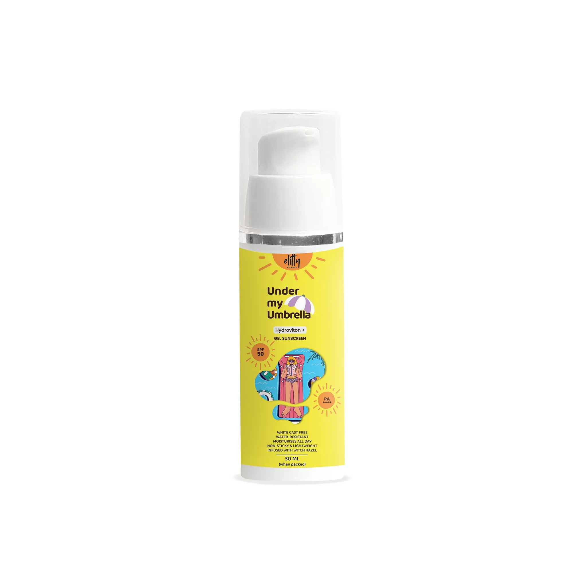 Elitty Under My Umbrella Gel Sunscreen for Women with SPF 50, P     | No White Cast, Non Sticky Suncreen 30 gm, Transparent & Lightweight, Water & Sweat Resistant