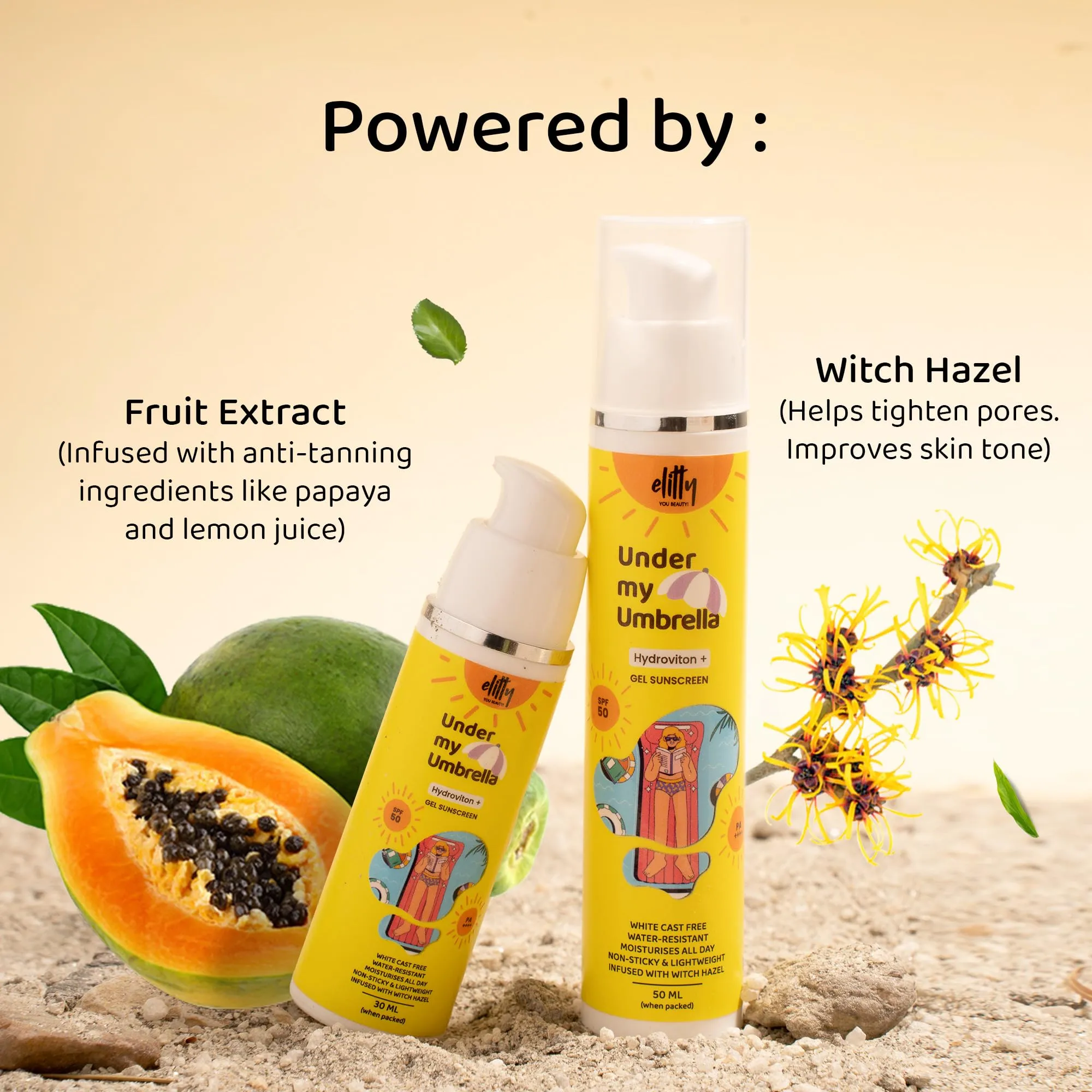 Elitty Under My Umbrella Gel Sunscreen for Women with SPF 50, P     | No White Cast, Non Sticky Suncreen 30 gm, Transparent & Lightweight, Water & Sweat Resistant
