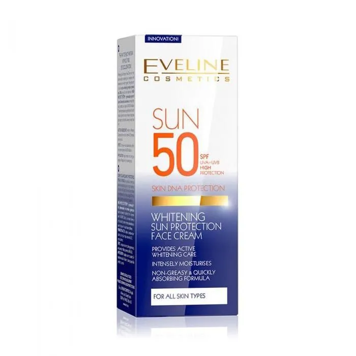 EVELINE COSMETICS Whitening Sun Protection 50 SPF Face Cream Non Greasy And Quickly Absorbing Formula Uva And Uvb High Protection Intensely Moisturizer 30 ml
